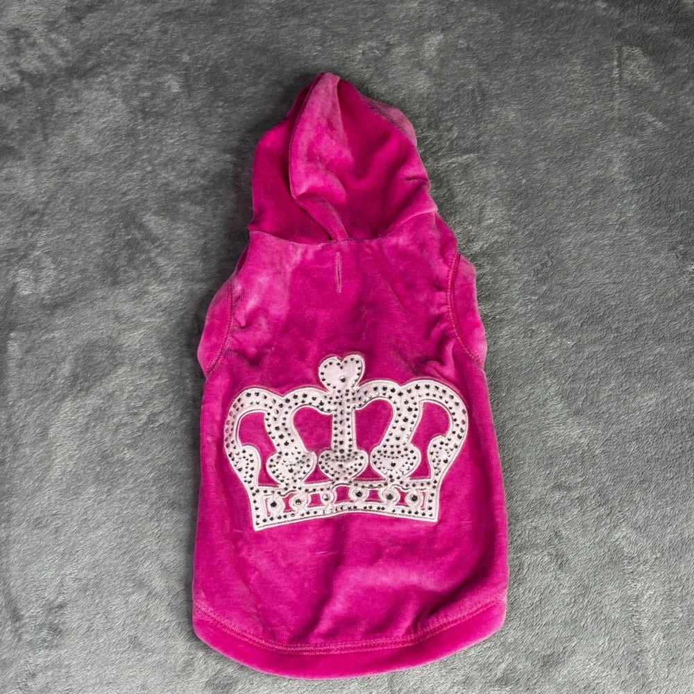 Lulupink Pet Hoodie Dog Vest Sz M Pink Velour Rhinestone Crown Y2K Glam Princess